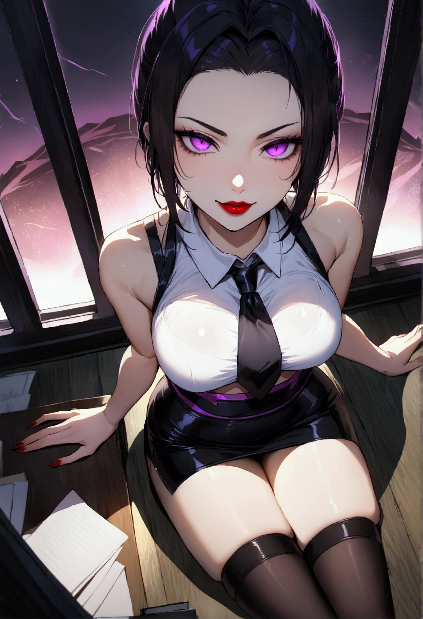 juri han, work of art, tight white secretary shirt with black tie, black high waist skirt, short skirt,stocking, black hair, black tightscary sun,office,bangs on the eyes,Lighting, hair with purple details,view from above,staring overhead,evil smile,sitting,cross legs,glowing purple eyes,red lips,The eyes
