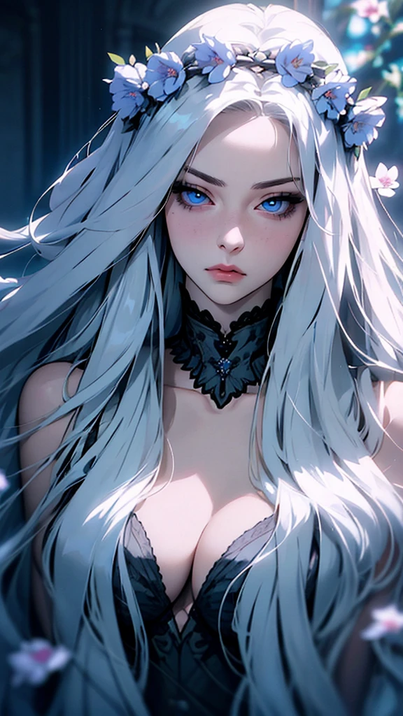 hyper-realistic of a mysterious woman with flowing silver hair, piercing blue eyes, and a delicate floral crown, upper body