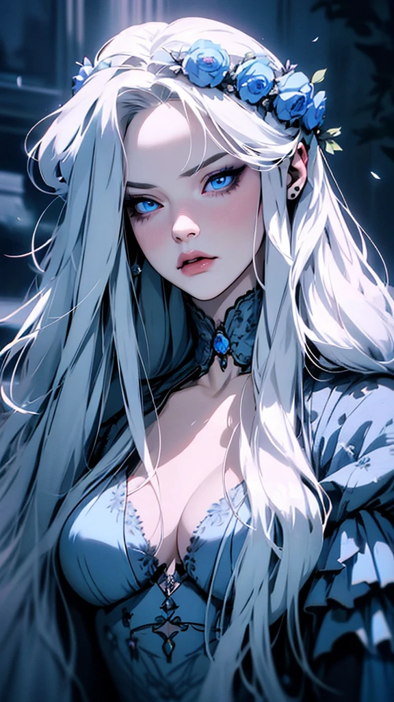 hyper-realistic  of a mysterious woman with flowing silver hair, piercing blue eyes, and a delicate floral crown, upper body