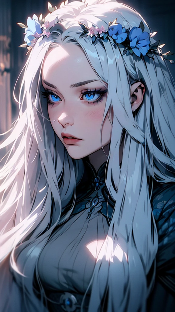 hyper-realistic of a mysterious woman with flowing silver hair, piercing blue eyes, and a delicate floral crown, upper body