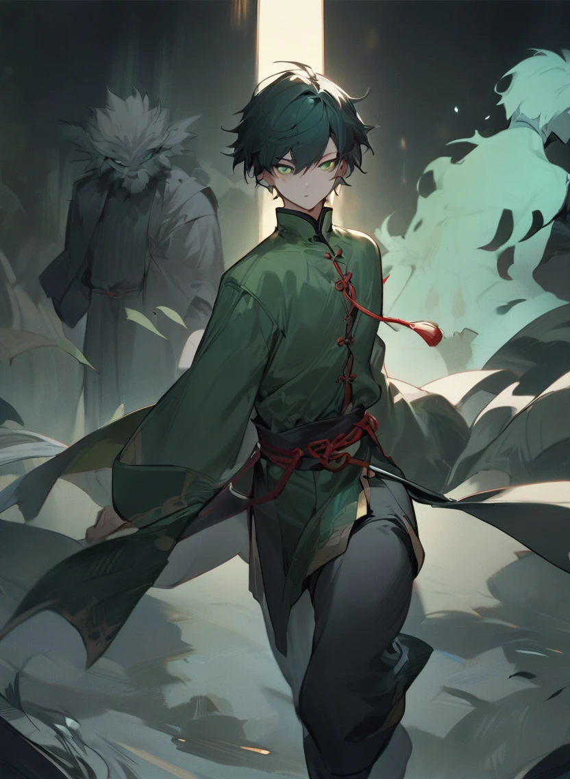 highest quality、masterpiece、man in silhouette、dark scary background、suspicious light young man ,Male Dark, dark Woods, dark green colors, monk dnd, man with green eye, Kungfu Tai Chi Clothes costume style,