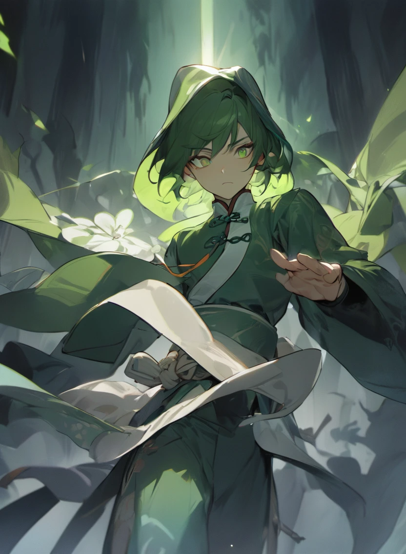 highest quality、masterpiece、man in silhouette、dark scary background、suspicious light young man ,Male Dark, dark Woods, dark green colors, monk dnd, man with green eye, Kungfu Tai Chi Clothes costume style,
