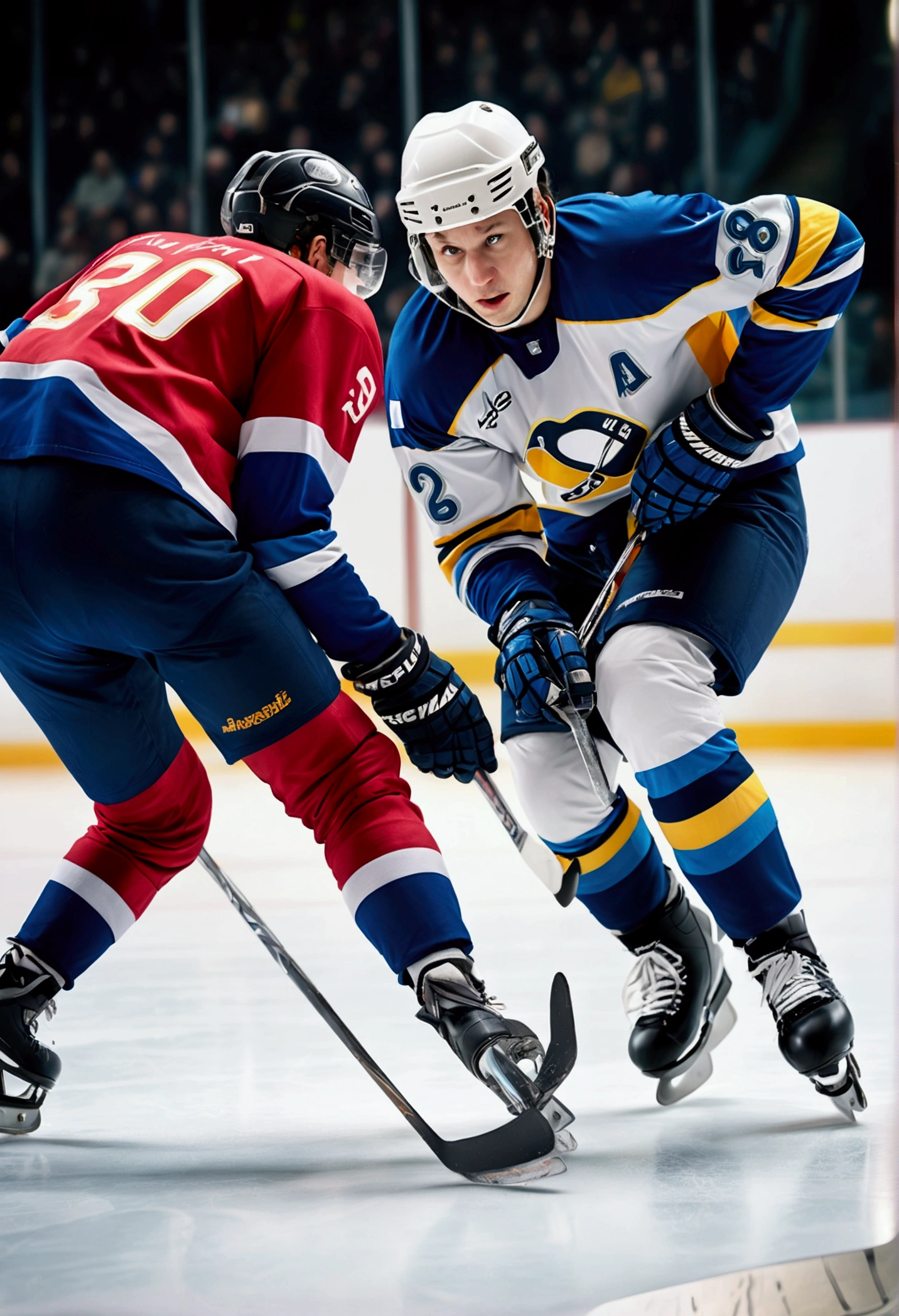 (Sports Photography), On the ice hockey rink, an ice hockey player prepares to take a shot. The shutter captured the tension and determination on his face, the traces of skate blades on the ice were clearly visible. low angle and high shutter speed to highlight the speed of the puck and the explosive power of the players, full body, award-winning, cinematic still, emotional, vignette, dynamic, vivid, (masterpiece, best quality, photorealistic, Professional, perfect composition, very aesthetic, absurdres, ultra-detailed, intricate details:1.3)