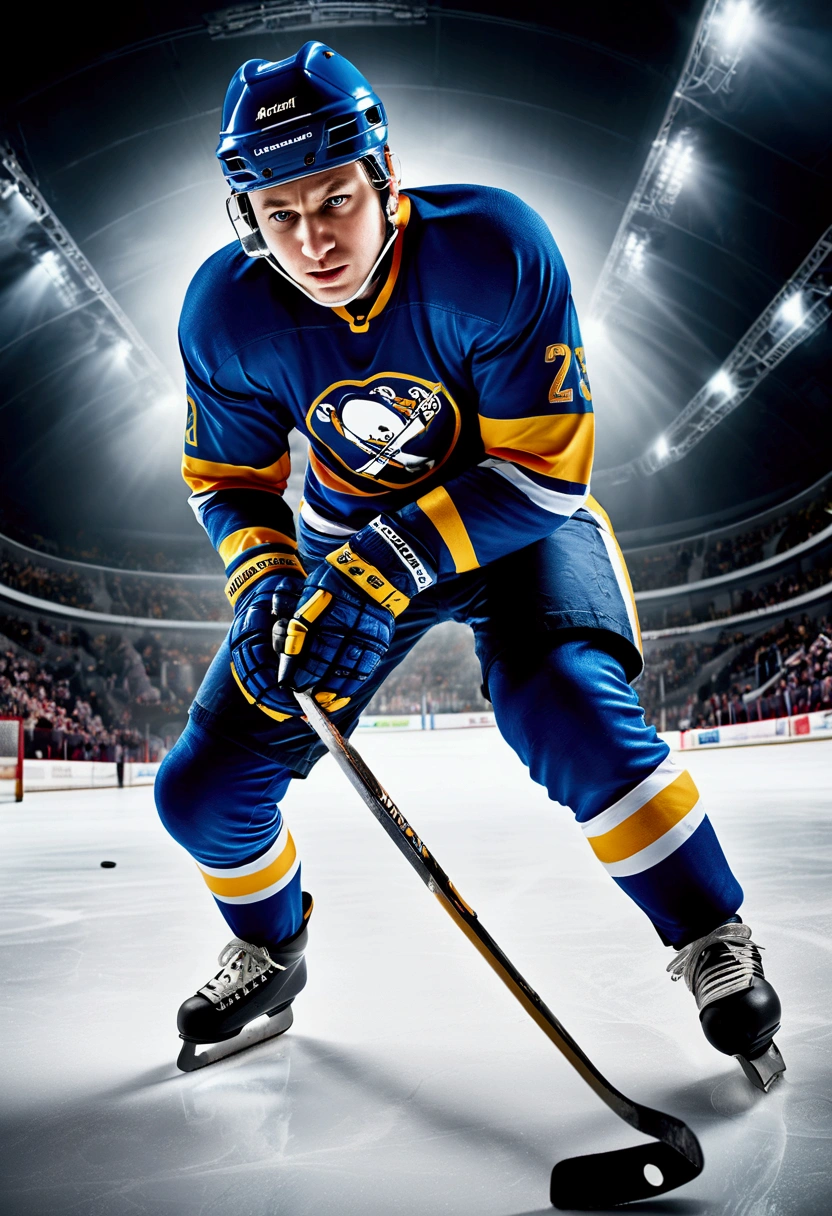 (Sports Photography), On the ice hockey rink, an ice hockey player prepares to take a shot. The shutter captured the tension and determination on his face, the traces of skate blades on the ice were clearly visible. low angle and high shutter speed to highlight the speed of the puck and the explosive power of the players, full body, award-winning, cinematic still, emotional, vignette, dynamic, vivid, (masterpiece, best quality, photorealistic, Professional, perfect composition, very aesthetic, absurdres, ultra-detailed, intricate details:1.3)