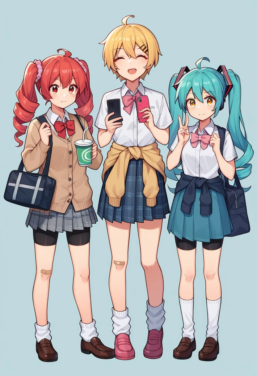 akita neru, kasane teto, hatsune miku, long hair, looking at viewer, smile, short hair, open mouth, bangs, multiple girls, skirt, blonde hair, simple background, shirt, hair ornament, red eyes, white background, bow, holding, twintails, jewelry, closed mouth, , blue hair, standing, full body, closed eyes, yellow eyes, white shirt, ahoge, short sleeves, :d, red hair, pleated skirt, shoes, shorts, socks, hairclip, collared shirt, 3girls, miniskirt, bowtie, black skirt, bag, red bow, side ponytail, cup, blue skirt, plaid, v, aqua hair, plaid skirt, expressionless, brown footwear, drill hair, phone, scrunchie, cardigan, cellphone, >_<, white socks, pink bow, bike shorts, loafers, sneakers, red bowtie, bandaid, holding cup, twin drills, smartphone, grey skirt, holding phone, school bag, drinking straw, shoulder bag, pink footwear, wrist scrunchie, clothes around waist, shorts under skirt, loose socks, brown cardigan, pink bowtie, bandaid on leg, bandaid on knee, holding drink, looking at phone