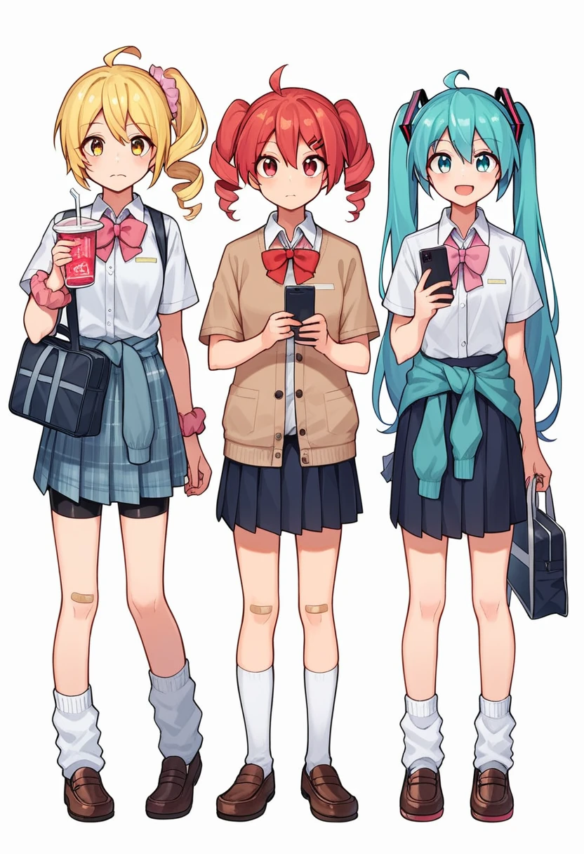akita neru, kasane teto, hatsune miku, long hair, looking at viewer, smile, short hair, open mouth, bangs, multiple girls, skirt, blonde hair, simple background, shirt, hair ornament, red eyes, white background, bow, holding, twintails, jewelry, closed mouth, , blue hair, standing, full body, closed eyes, yellow eyes, white shirt, ahoge, short sleeves, :d, red hair, pleated skirt, shoes, shorts, socks, hairclip, collared shirt, 3girls, miniskirt, bowtie, black skirt, bag, red bow, side ponytail, cup, blue skirt, plaid, v, aqua hair, plaid skirt, expressionless, brown footwear, drill hair, phone, scrunchie, cardigan, cellphone, >_<, white socks, pink bow, bike shorts, loafers, sneakers, red bowtie, bandaid, holding cup, twin drills, smartphone, grey skirt, holding phone, school bag, drinking straw, shoulder bag, pink footwear, wrist scrunchie, clothes around waist, shorts under skirt, loose socks, brown cardigan, pink bowtie, bandaid on leg, bandaid on knee, holding drink, looking at phone