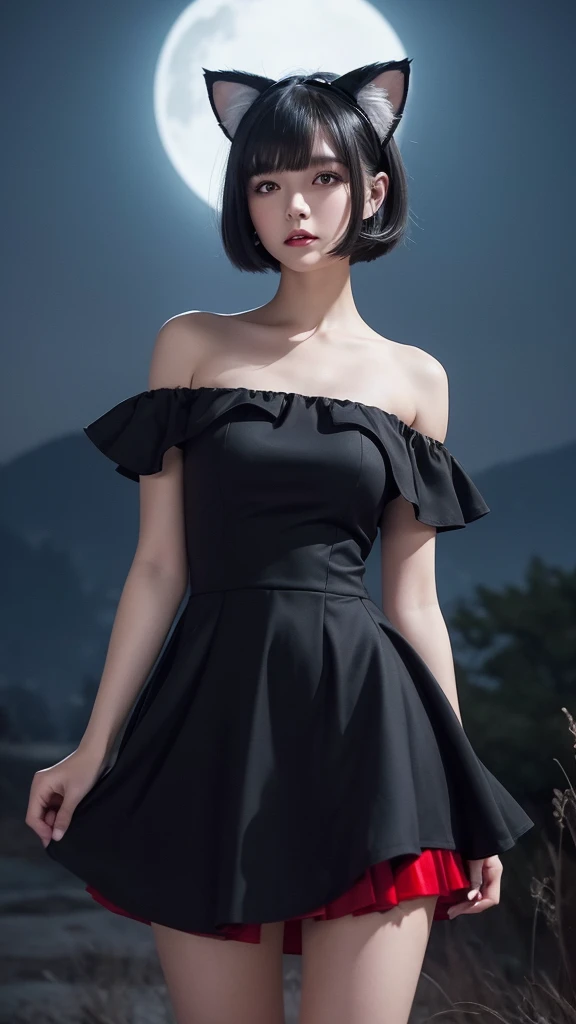 Delicate and dainty young woman with shiny bob-cut black hair and cat ears. She is wearing an off-the-shoulder red only  mini-skirt dress. The background is a fantastic and ethereal night sky that seems to be haunted by a specter. Her expression is stern and atmospheric. Angle from directly below