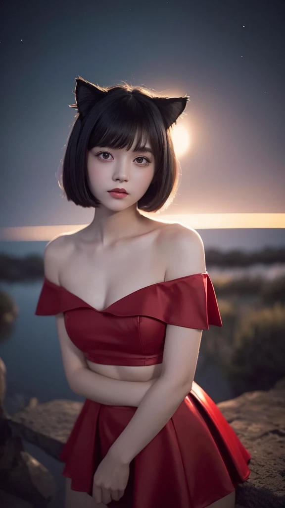 Delicate and dainty young woman with shiny bob-cut black hair and cat ears. She is wearing an off-the-shoulder red only  mini-skirt dress. The background is a fantastic and ethereal night sky that seems to be haunted by a specter. Her expression is stern and atmospheric. Angle from directly below, A-cup