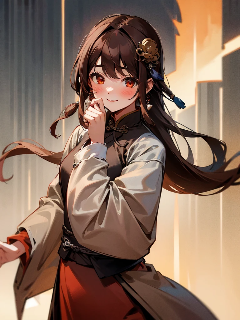 1 girl, Long hair, smile, Alone, Brown hair, fringe, earrings, blush, Red eyes, hair ornament, Chinese Ancient Clothing