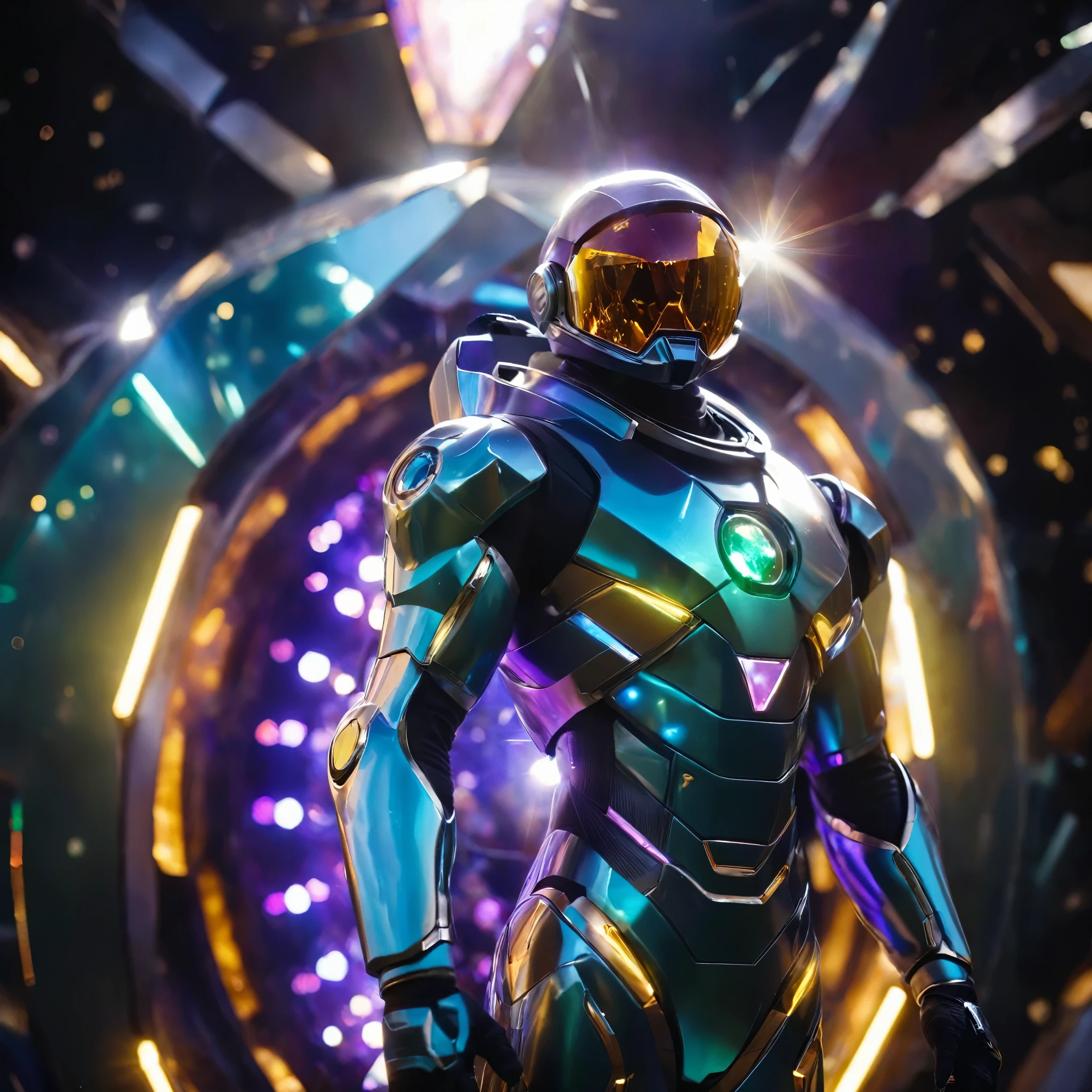 metallic spacesuit with glowing light background swirling ((gems and crystals)) in space with broken gems, time dilation, cinematic, score_9, score_8_up, score_7_up, score_6_up, score_5_up, score_4_up
