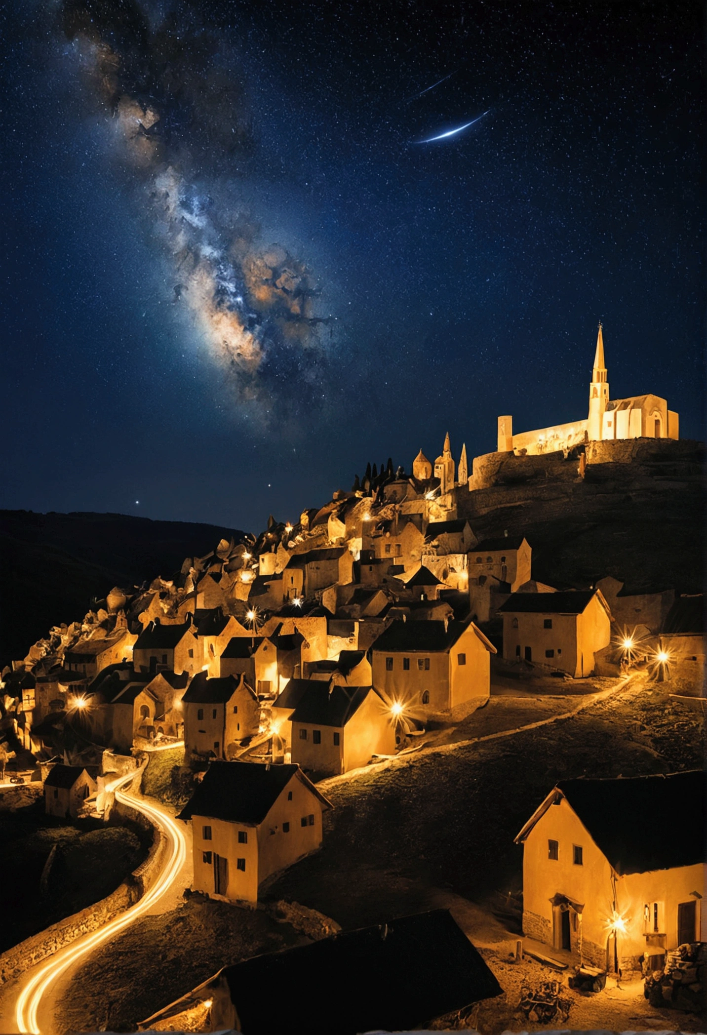 ((masterpiece,best quality)), Star_of_Bethlehem, night sky, starry sky, glowing, small village