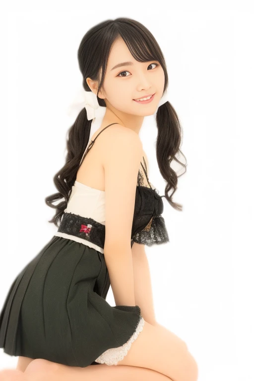 best quality, masterpiece, photo of over the knees, yokohiza, side view, kneeling, A Japanese pretty girl, eye contact, smile, small breast, flat chest, 