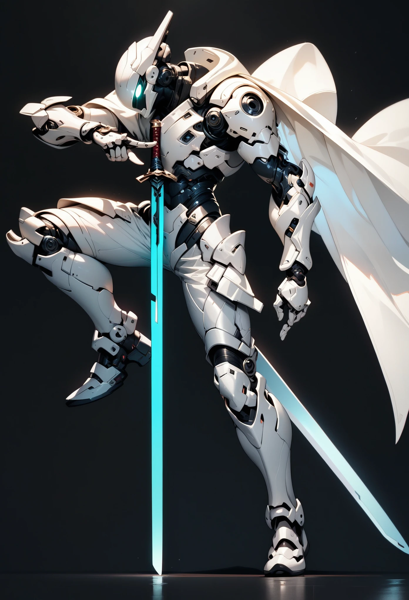 1 boy, alone, profile, plain background, white armor, white glowing eyes, full body, light armor, white hair, cyberpunk, sword pointing at the ground, white cape, holding a sword stuck in the ground, sword with white and black engravings, black background, full white armor, white futuristic helmet, standing pose leaning on the sword, tight armor, dark aura, white mechanical arm, side view