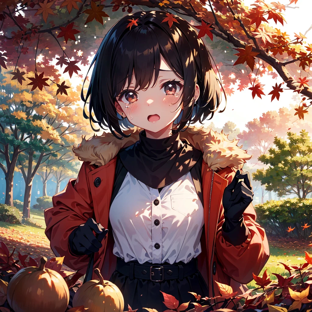 Black Hair、black eye、short hair、girl、Baby Face、cute、high school student、autumn、Autumn leaves in the background、A shy smile、Small breasts、Grape picking、Dresses in muted colors