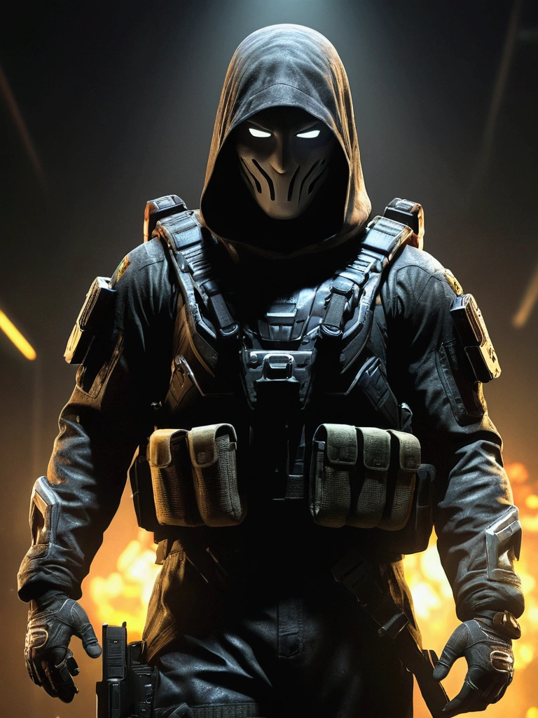 a ghost character from call of duty mobile, realistic, dressed as a superhero, anonymous, call of duty mobile logo in the background, extremely detailed, cinematic lighting, dramatic atmosphere, (best quality,4k,8k,highres,masterpiece:1.2),ultra-detailed,(realistic,photorealistic,photo-realistic:1.37),cinematic composition,dramatic pose,dark and moody colors,dramatic shadows,volumetric lighting,realistic textures,detailed costume design,intricate details,high contrast,penetrating gaze