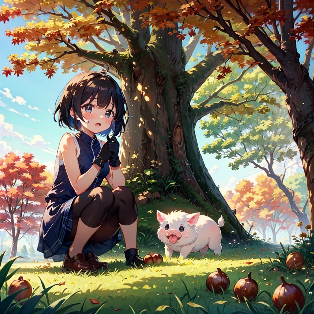 Masterpiece, top quality, high resolution background, bright and beautiful atmosphere, 3 girls (, 1 short-tempered round face), 1 (hair, surface effects), small breasts, under the chestnut tree, many burrs Chestnuts are lying around, autumn-like clothes, girls picking up chestnuts in gloves, a mini-pig crying as if it had stepped on a chestnut, a mini-pig collecting chestnuts, "deltamon_sdXL :0.73) >Deltamon"