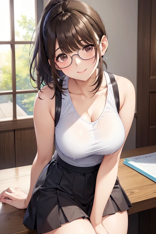 anegasaki nene、Shiny brown hair, short hair, (Beautiful brown eyes、Sparkling eyes, Fine grain)、smile、Super detailedな目、Highly detailed face, Highly detailed eyes,


Ultra-high resolution, Superior Quality, Highest quality, Super detailed, Realistic, 8k, RAW Photos, Highest quality, masterpiece, Attractive girl, A wonderful girl, 


1 female,22 years old,Brown Hair,Beautiful low ponytail hairstyle, (Miniskirt and big white tank top, (Double-breasted,Underbust:1),  自然なsmile,,Frameless Glasses,(Hunchback),Cute Bra