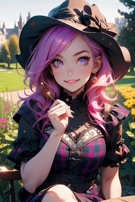 Perfect face. Perfect hands. A pink haired woman with violet eyes and an hourglass figure in a Gothic plaid dress is drinking tea in a garden with a sad smile in the park