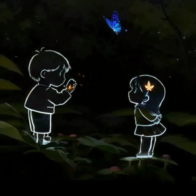 someone is looking at a butterfly that is flying in the sky, boy and girl, emotional picture, cute artwork, cute cartoon, me and you, true love, in love, profile pic, profile picture, high quality fanart, ❤🔥🍄🌪, cute art style, aww, accurate depiction, it is glowing, fireflies!!, couple