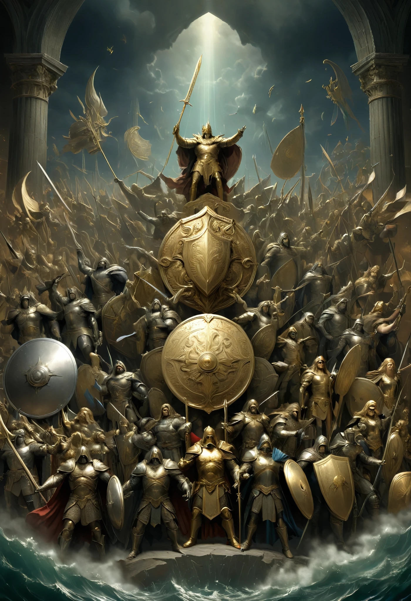 Legendary heroes and Epic shields, by Gustave Doré, fantasy, enhance, intricate, (best quality, masterpiece, Representative work, official art, Professional, 8k)