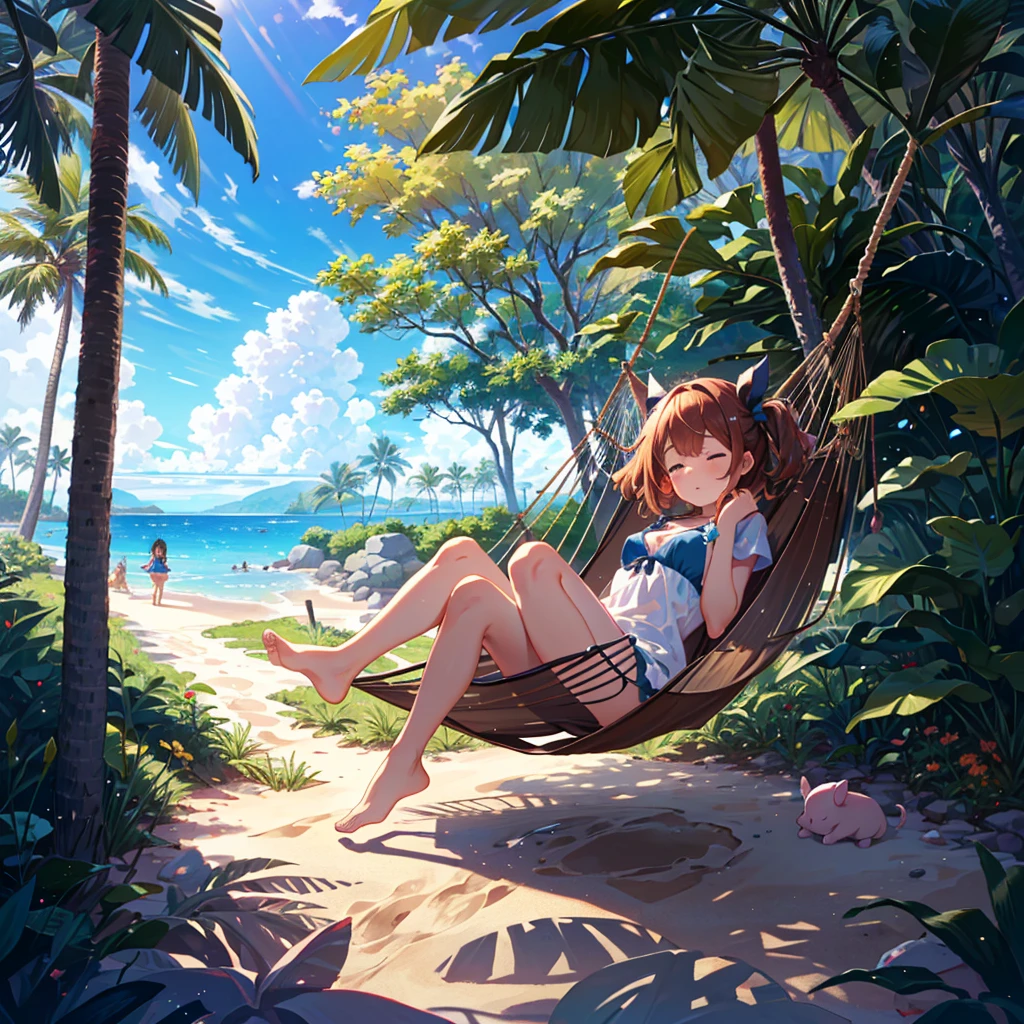 Masterpiece, highest quality, high resolution background, bright and beautiful atmosphere, 3 girls (2 years old, 1 short-tempered round face), 1 (hair, surface effects), small breasts, hammock between tropical trees A girl sleeping in a hammock, sunglasses, one piece, a mini pig hanging from a tree, a mini pig buried in the sand, "deltamon_sdXL :0.73) >Deltamon"