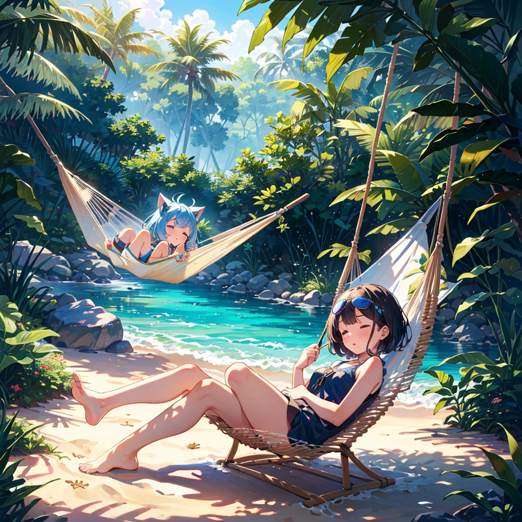 Masterpiece, highest quality, high resolution background, bright and beautiful atmosphere, 3 girls (2 , 1 short-tempered round face), 1 (hair, surface effects), small breasts, hammock between tropical trees A girl sleeping in a hammock, sunglasses, one piece, a mini pig hanging from a tree, a mini pig buried in the sand, "deltamon_sdXL :0.73) >Deltamon"