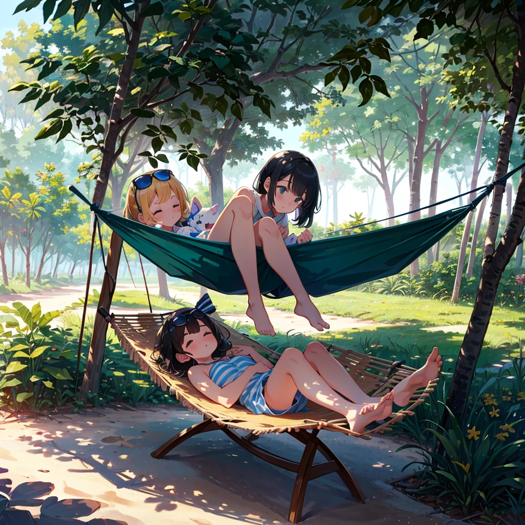 Masterpiece, highest quality, high resolution background, bright and beautiful atmosphere, 3 girls (, 1 short-tempered round face), 1 (hair, surface effects), small breasts, hammock between tropical trees A girl sleeping in a hammock, sunglasses, one piece, a mini pig hanging from a tree, a mini pig buried in the sand, "deltamon_sdXL :0.73) >Deltamon"