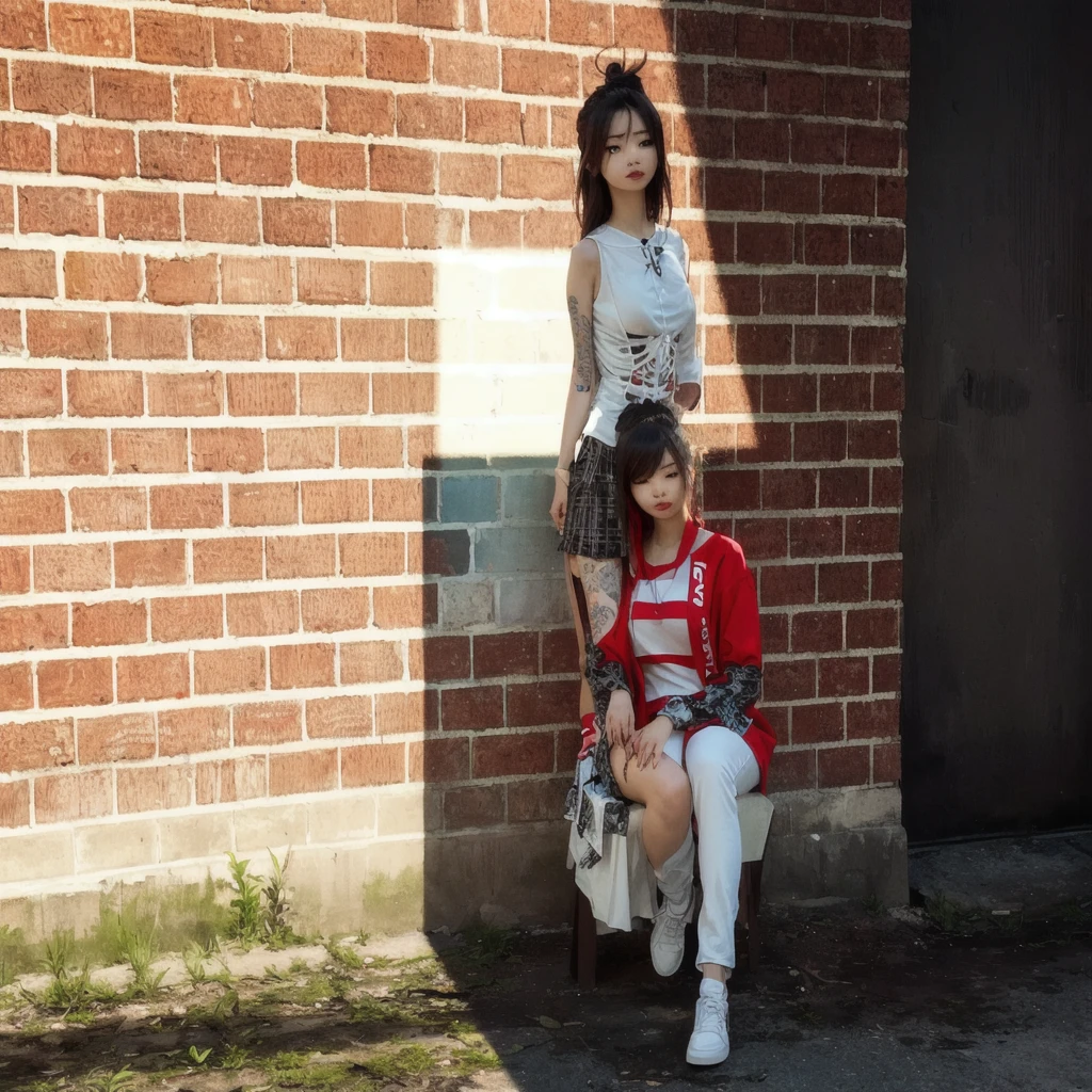 there is a woman and a man sitting on a bench in front of a brick wall, dressed in crustpunk clothing, & jeehyung lee & wlop, in an alley, nixeu and sakimichan, frank franzzeta and sakimichan, ska skeleton and girlfriend, couple pose, warm sunshine, charli bowater and artgeem