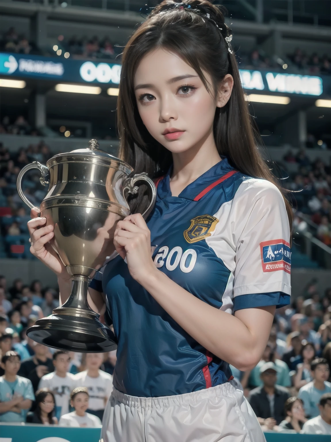 athlete，Sports uniform，Lifting the huge trophy，The background is the podium，stadium，happy，Excited