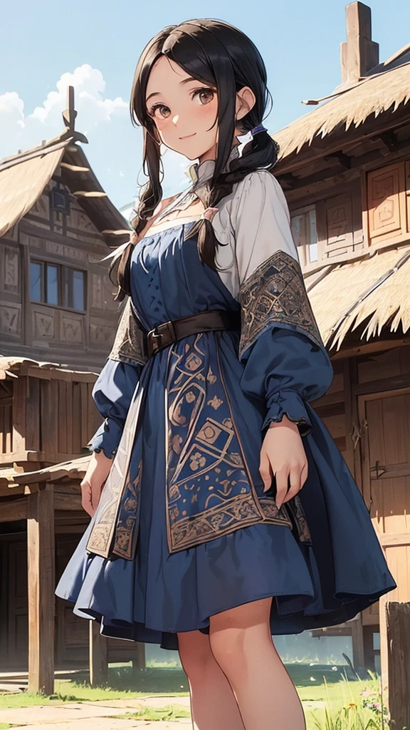 blank line
A (((very beautiful 17 years old medieval peasant))) with (((brown eyes, long single pigtails black hair, and a blue dress with intricate designs))), living in a ((wooden house with a thatched roof)) and keeping (chickens) in the yard, with (farmers) in the background and a (sunny day) with (clear skies) and (whimsical patterns) all around her. Full body. Smiling