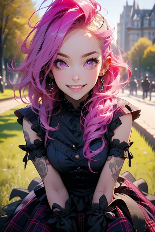 Perfect face. Perfect hands. A pink haired woman with violet eyes and an hourglass figure in a Gothic plaid dress is smiling while leaning forward in the park