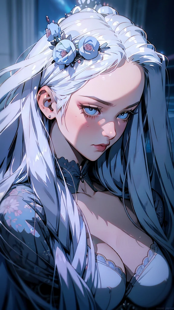 hyper-realistic  of a mysterious woman with flowing silver hair, piercing blue eyes, and a delicate floral crown, upper body