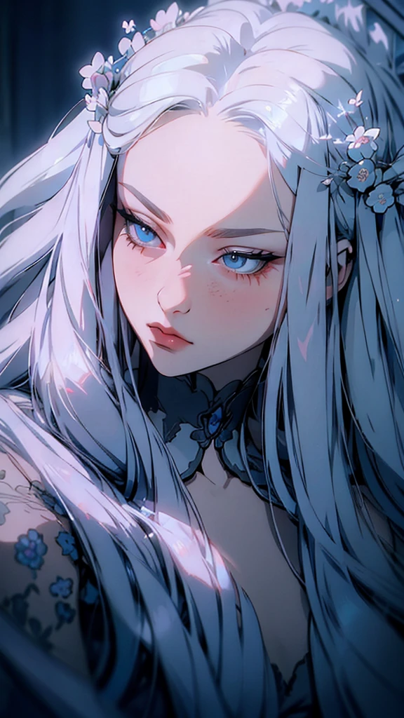 hyper-realistic of a mysterious woman with flowing silver hair, piercing blue eyes, and a delicate floral crown, upper body