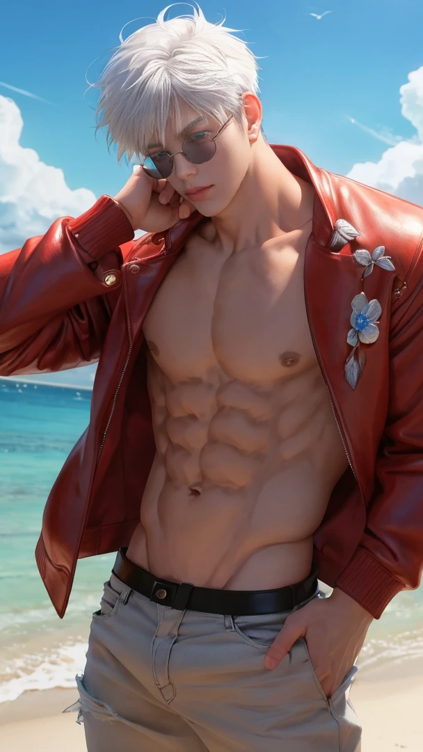 Japanese male model, adult, handsome, perfect face, detailed eyes and face, clean shaved, sixpack realistic, white eyebrow hair, white eyelashes, dynamic lighting, unreal engine 5, hd picture, satoru gojo, white hair, short hair ,hair between eyes ,blue eyes, white skin, Leather jacket, sunglasses, Short jeans