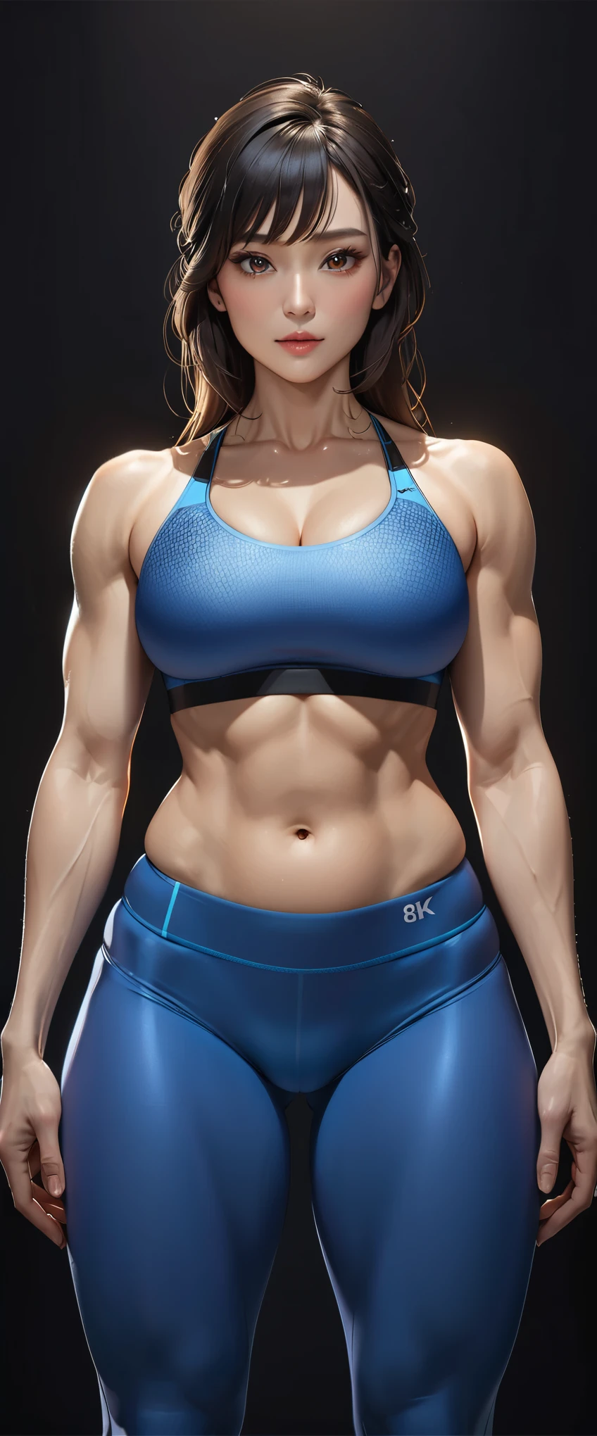 (masterpiece:1.2),(Highest quality),(Highest quality),(Very detailed),(Photorealistic Stick),8k,Cinema Lighting,(Written boundary depth),(Sophisticated lighting:1.2),(Middle-aged woman in a fitness bikini),(Super tight blue leggings:1.3),(A very thin, ultra-small blue sports bra:1.3),Beautiful Japanese Woman,gorgeous portrait,BREAK(brown eyes:1.3),(Detailed skin texture:1.2),(Glowing Skin:1.2),A lovely and delicate face,Beautiful Muscles,(Thick thighs),(Black Hair),(((whole body:1.5))),Ultra-high resolution photos,BREAK(Looking into the camera),(Detailed hands:1.6),(Beautiful female hands:1.6),(((Hand,detailed,perfect,perfection,hands))),(Voluptuous:1.4),(Random pose),(dynamic),((((Black background:1.6))))