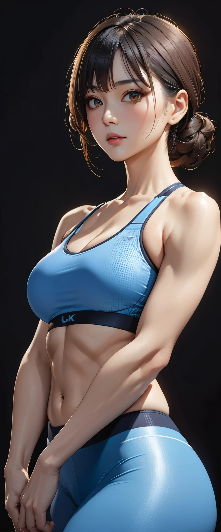 (masterpiece:1.2),(Highest quality),(Highest quality),(Very detailed),(Photorealistic Stick),8k,Cinema Lighting,(Written boundary depth),(Sophisticated lighting:1.2),(Middle-aged woman in a fitness bikini),(Super tight blue leggings:1.3),(A very thin, ultra-small blue sports bra:1.3),Beautiful Japanese Woman,gorgeous portrait,BREAK(brown eyes:1.3),(Detailed skin texture:1.2),(Glowing Skin:1.2),A lovely and delicate face,Beautiful Muscles,(Thick thighs),(Black Hair),(((whole body:1.5))),Ultra-high resolution photos,BREAK(Looking into the camera),(Detailed hands:1.6),(Beautiful female hands:1.6),(((Hand,detailed,perfect,perfection,hands))),(Voluptuous:1.4),(Random pose),(dynamic),((((Black background:1.6))))