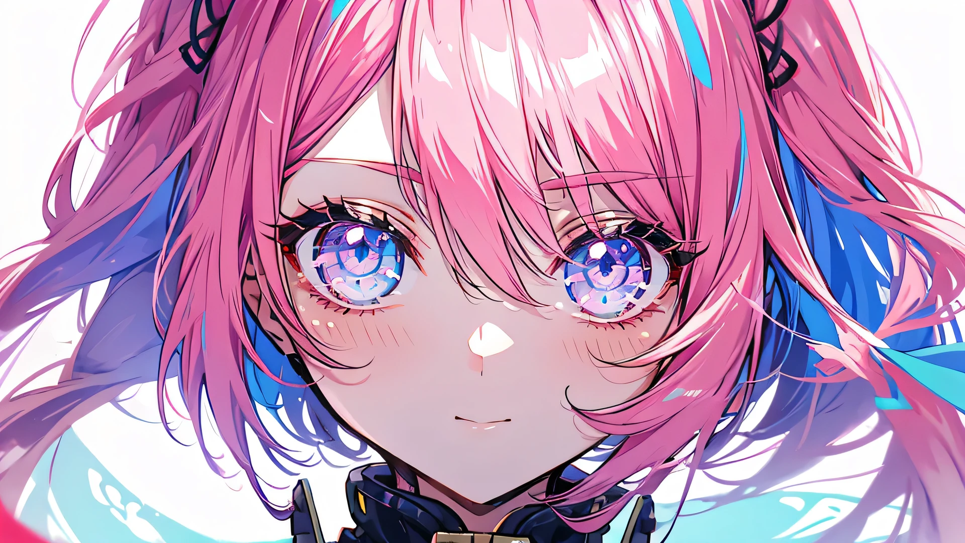 a girl, pink hair, sideburns with ribbons, long sideburns, colorful eyes, a face close-up