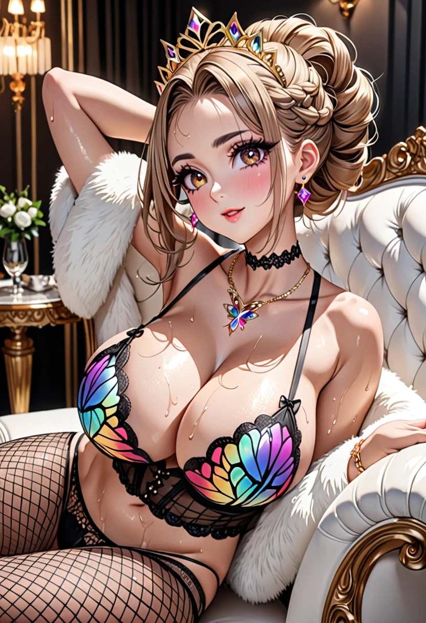 masterpiece, (((Shyly、You look at me sadly)、Ecstatic expression，Blushing))、compensate:1.2, Dark eyeliner、Eyelash length、False eyelashes、Brown eyes、Light fluorescent lip gloss,(((hostess:1.3)))，((leopard print bra)、(Leopard print panties))、(big diamond ring、Gorgeous ruby necklace、Big gold earrings)、((Gold bracelet studded with red gemstones、A gorgeous gold tiara studded with jewels、Black choker with diamonds around the neck))、(((Sheer black lace dress,Sheer black lace skirt、Mesh fabric、Fishnet tights))),(((((Black opera gloves)))))、(((Black tights、Red High Heels)))、girl:1.3、((Huge breasts:1.6)),((Highest quality, Ultra-high resolution、The most complex and detailed depiction))、(masterpiece:1.3), (8K, Realistic, RAW Photos, Best image quality: 1.4)、Cleavage:1.2、Very detailed face、Attention to detail、double eyelid、Beautiful woman:1.4、((Light brown hair、Braided hair、Tie your hair back))、Highest quality、masterpiece、Ultra-high resolution、(Realistic:1.4) (8K, RAW Photos, Highest quality, masterpiece:1.2), (Realistic, photo-Realistic:1.37), Very detailed, Beautiful attention to detail, Gal-style makeup、Dark eyeliner、black eyeliner、Heavy eye makeup、Eyelash length、False eyelashes、Eyelash length、Big eyes、Big black eyes、Big eyes、elongated nose、Heavy makeup、Face with gills、Spread your legs and face forward.、whole body、Spread your legs座る、Spread your legs、sexy、(((Glamorous Body)))、Saggy breasts、Large saggy breasts、((Sweat、Your body is wet))、(((Sit on the bed with your crotch spread、Put your hands behind your head)))