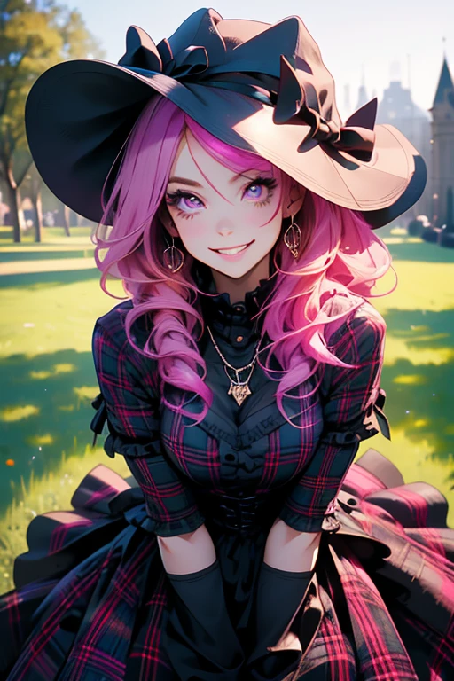 Perfect face. Perfect hands. A pink haired woman with violet eyes and an hourglass figure in a Gothic plaid dress is smiling while leaning forward in the park