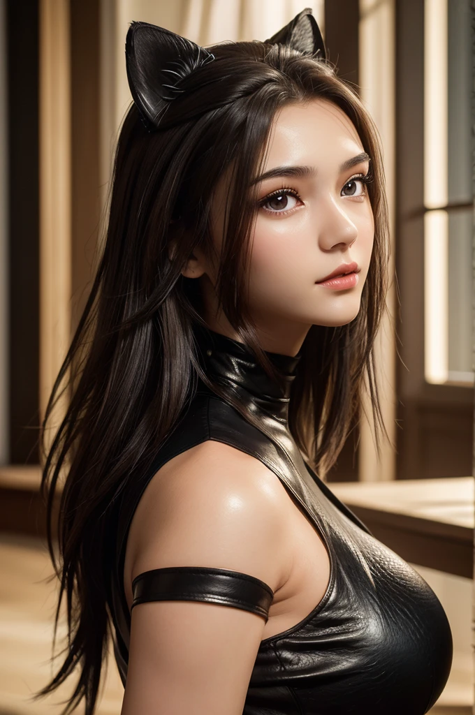 8k,Best Quality, masterpiece, ultra high resolution, (photorealistic:1.4), Photo and gross, (Genuine leather texture:1.3), (film grain:1.3),1 beautiful girl,Zhu Zhuqing, 24 year old woman with a height of 1,78 meters. He has black hair,a well developed figure, but at the same time slim, highlighting her big breasts and small waist.. white and delicate skin His eyes are light black and intelligent , and his expression is indifferent. As a garment, she wears a cat ear ornament and a beautiful low-cut, backless black dress..Whole body