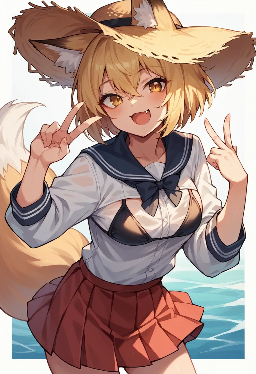 1girl, solo, looking at viewer, blush, smile, short hair, open mouth, bangs, skirt, blonde hair, hat, animal ears, hair between eyes, tail, swimsuit, yellow eyes, bikini, pleated skirt, fang, animal ear fluff, fox ears, fox tail, black bikini, red skirt, fox girl, skin fang, straw hat, ears through headwear, fox shadow puppet