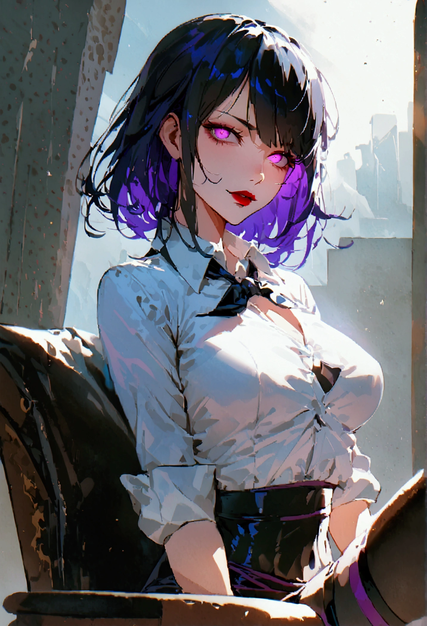 juri han, work of art, tight white secretary shirt with black tie, black high waist skirt, short skirt,stocking, black hair, black tightscary sun,office,bangs on the eyes,Lighting, hair with purple details,view from above,staring overhead,evil smile,sitting,cross legs,glowing purple eyes,red lips,The eyes
