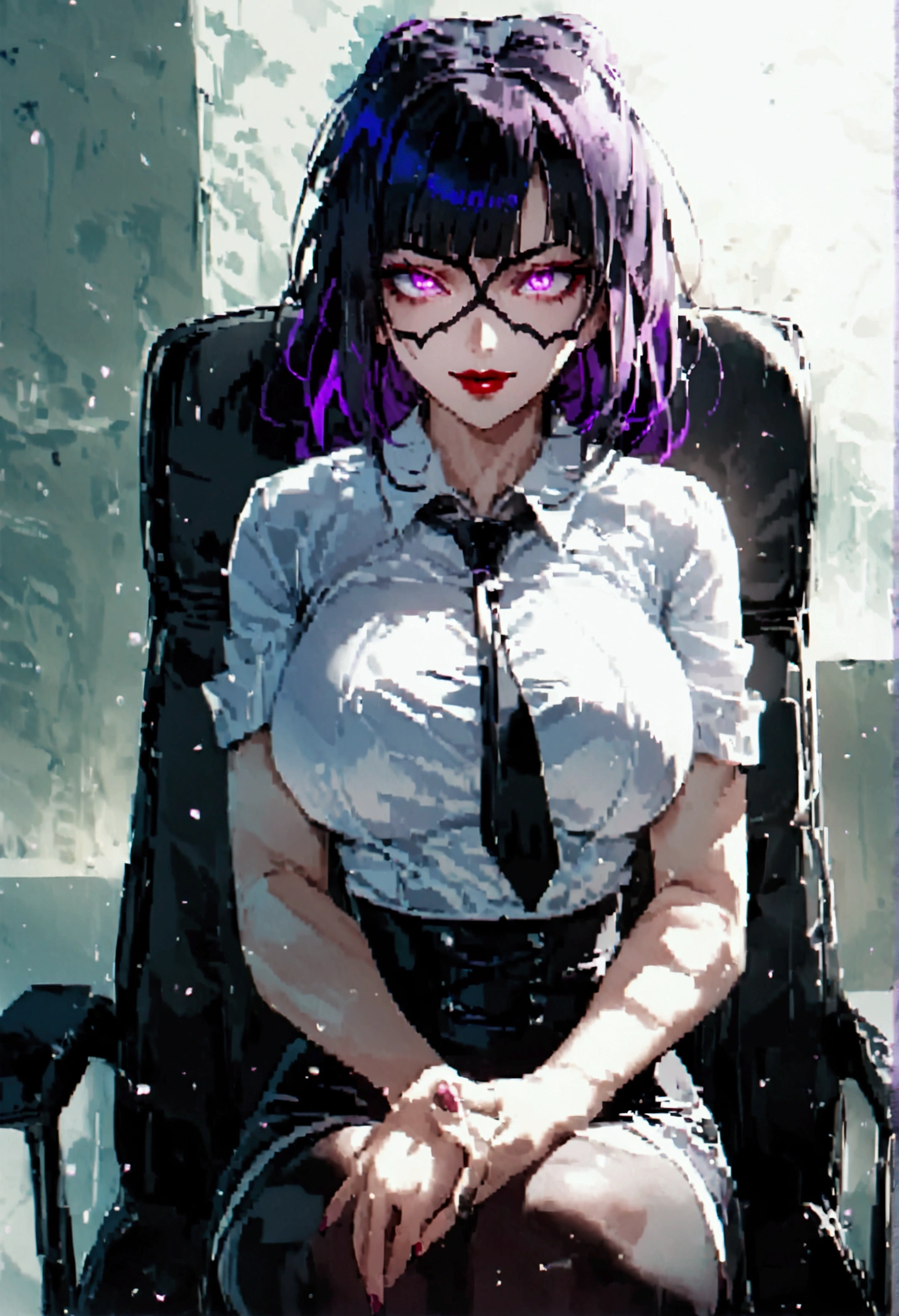 juri han, work of art, tight white secretary shirt with black tie, black high waist skirt, short skirt,stocking, black hair, black tightscary sun,office,bangs on the eyes,Lighting, hair with purple details,view from above,staring overhead,evil smile,sitting,cross legs,glowing purple eyes,red lips,The eyes
