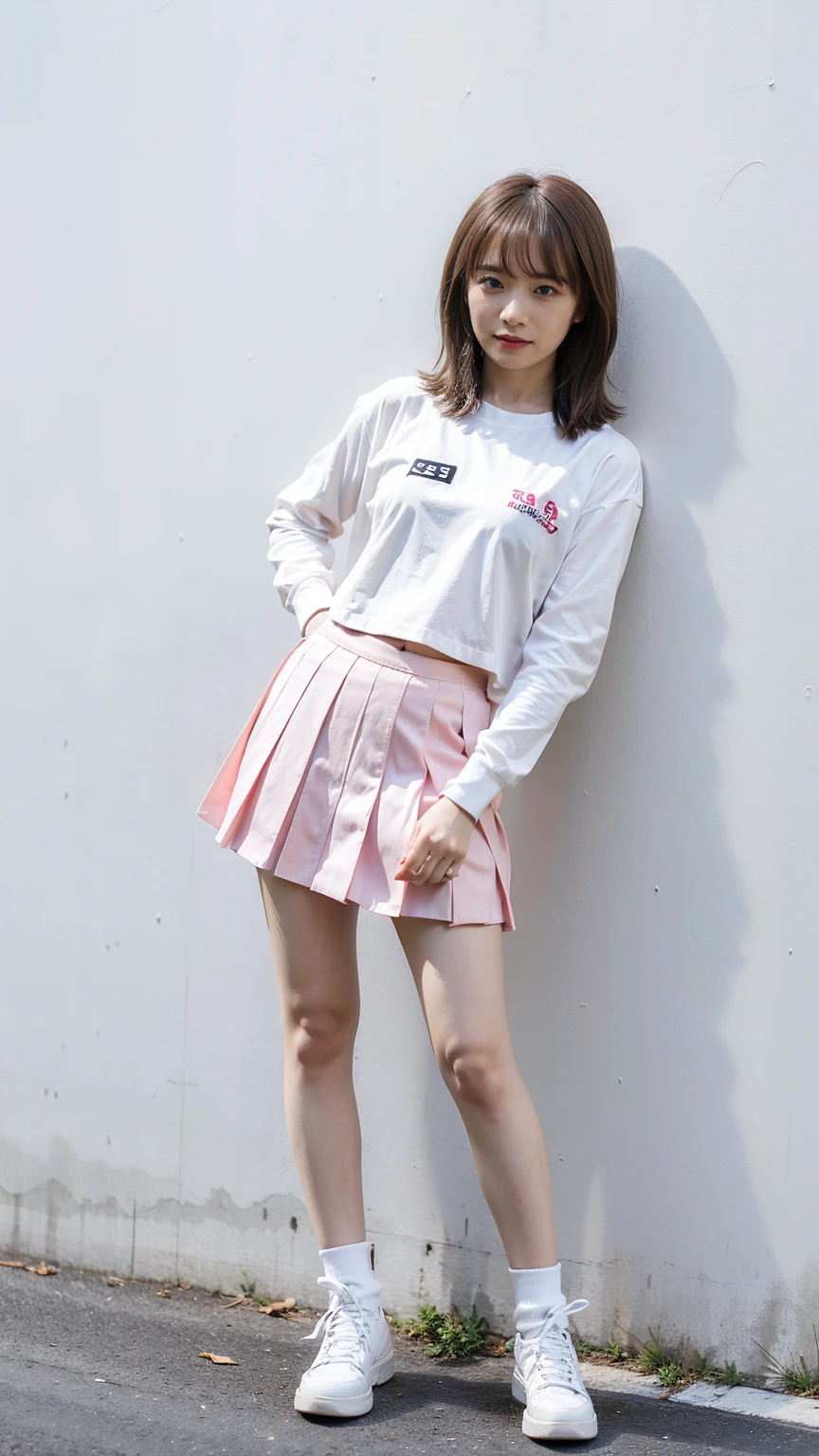 (8k、RAW Photos、Highest quality、masterpiece:1.2)、(Realistic、Realistic)、1 Girl、((Pink see-through dresini skirt、Exposed Skin、whole body、boots、View from the front、Looking at the camera、Streetscape、Stand with hands on hips))、cute
