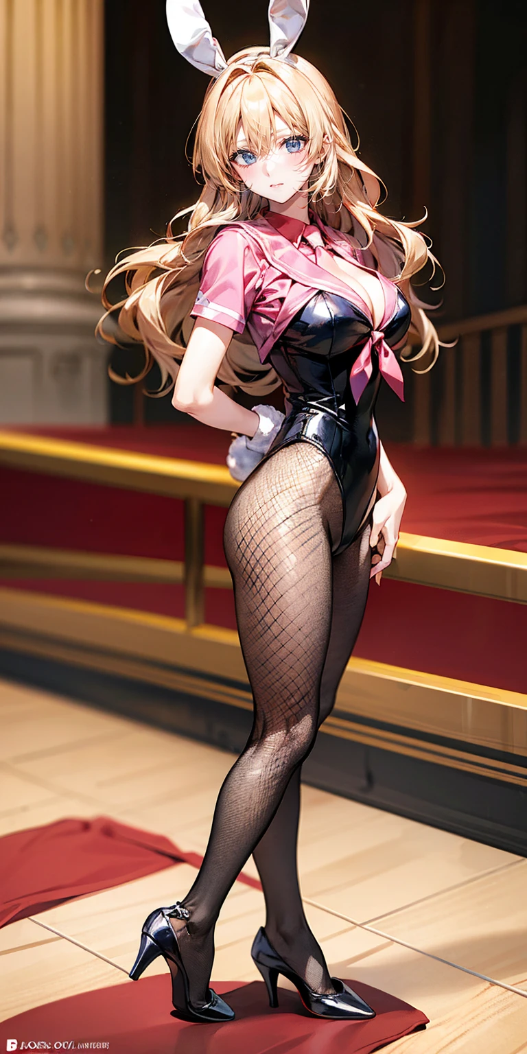 ((Highest quality,8k,T masterpiece:1.3)), Sharp focus:1.2,Pretty woman with perfect figure:1.4,(((((Big cleavage))),(Incredibly large breasts:1.5),Straight hair、Hair blowing in the wind(Big Hips),smile,Slim Abs:1.2,((Beautiful golden hair,:1.4)),Highly detailed face and skin texture,detailed eyes,double eyelid、/ (Wear a white top over a black Playboy_Bunny Leotard:1.3), (Sailor collar:1.2), (Red tie:1.3), (fake animal ears), (Clothes divided into upper and lower parts:1.2), (Short sleeve:1.1), (Black Bunny Girl Costume:0.8), (Fishnet tights:1.2), High heels, (Rabbit_tail:1.2),