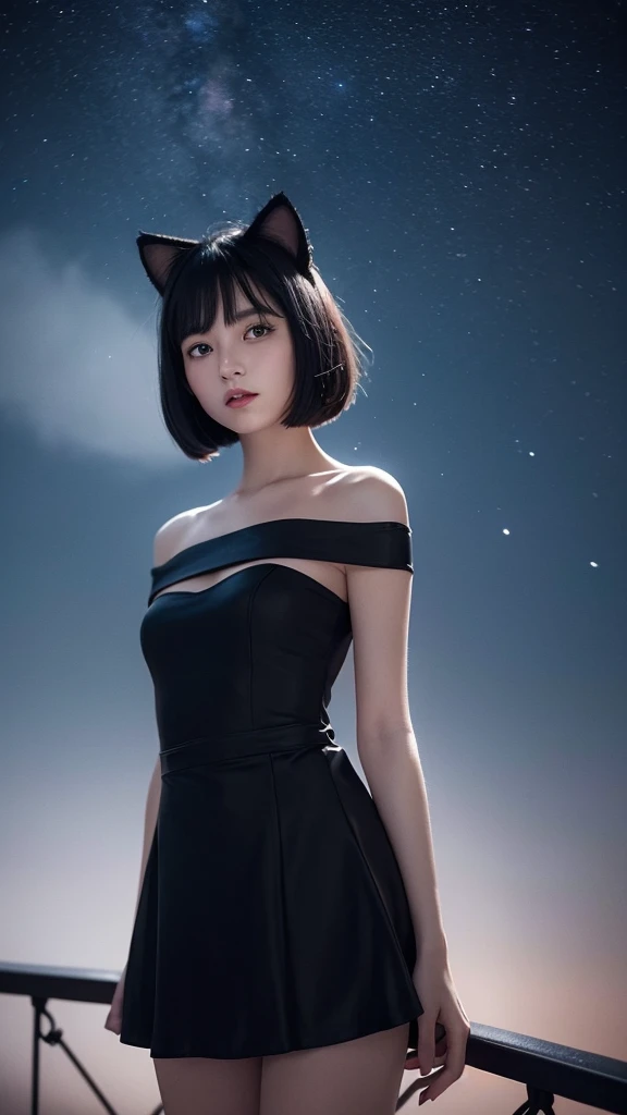 Delicate and dainty young woman with shiny bob-cut black hair and cat ears. She is wearing an off-the-shoulder red only mini-skirt dress. The background is a fantastic and ethereal night sky that seems to be haunted by a specter. Her expression is stern and atmospheric. Angle from directly below