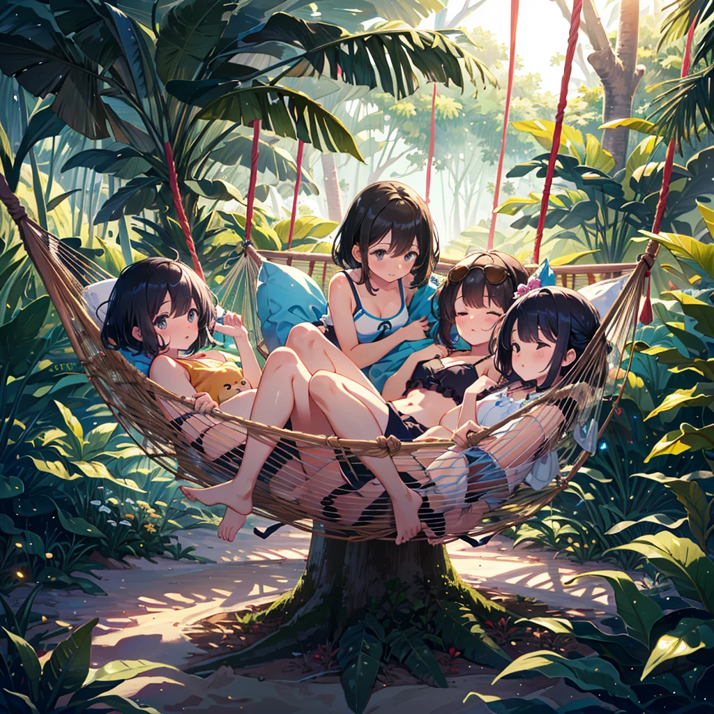 Masterpiece, highest quality, high resolution background, bright and beautiful atmosphere, 3 girls (2 , 1 short-tempered round face), 1 (hair, surface effects), small breasts, hammock between tropical trees A girl sleeping in a hammock, sunglasses, one piece, a mini pig hanging from a tree, a mini pig buried in the sand, "deltamon_sdXL :0.73) >Deltamon"