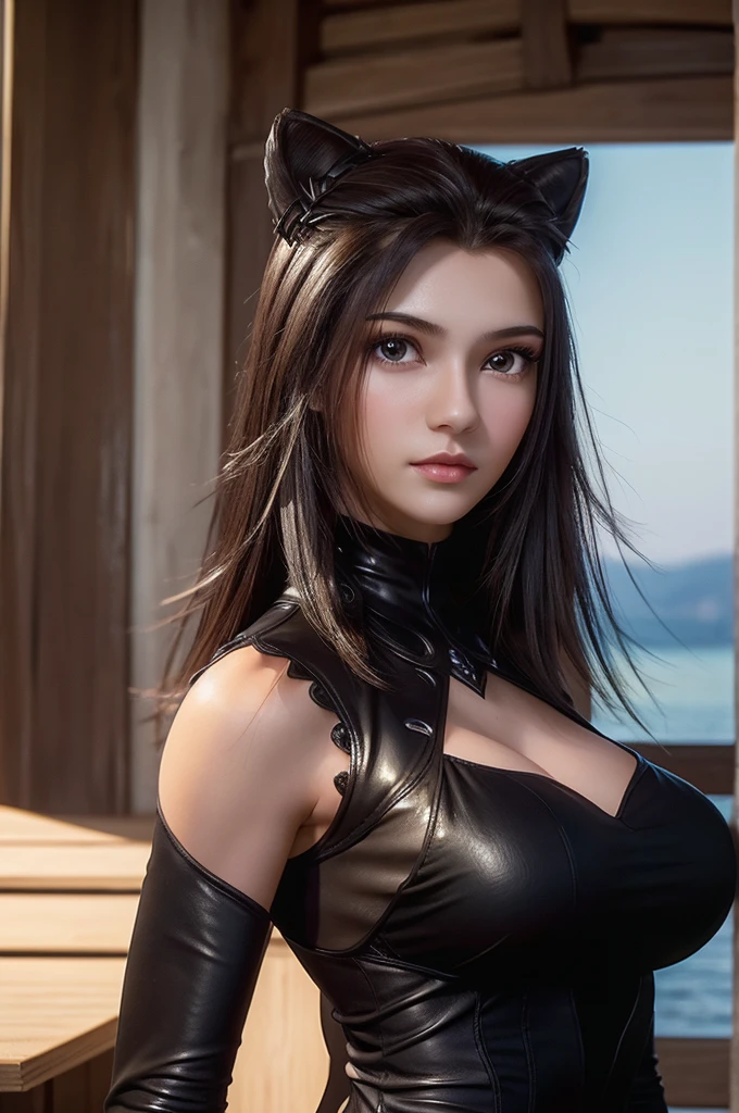 8k,Best Quality, masterpiece, ultra high resolution, (photorealistic:1.4), Photo and gross, (Genuine leather texture:1.3), (film grain:1.3),1 beautiful girl,Zhu Zhuqing, 24 year old woman with a height of 1,78 meters. He has black hair,a well developed figure, but at the same time slim, highlighting her big breasts and small waist.. white and delicate skin His eyes are light black and intelligent , and his expression is indifferent. As a garment, she wears a cat ear ornament and a beautiful low-cut, backless black dress..Whole body