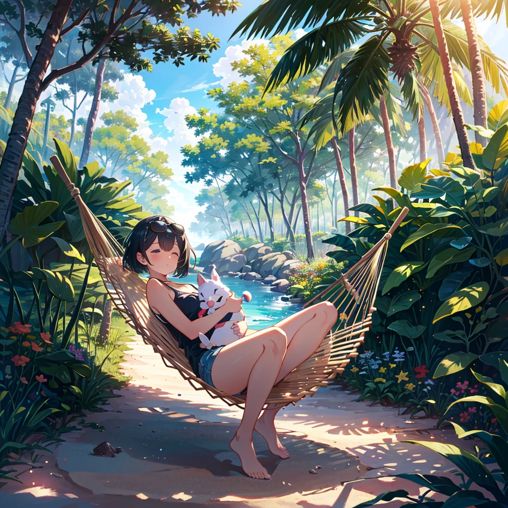 Masterpiece, highest quality, high resolution background, bright and beautiful atmosphere, 3 girls (, 1 short-tempered round face), 1 (hair, surface effects), small breasts, hammock between tropical trees A girl sleeping in a hammock, sunglasses, one piece, a mini pig hanging from a tree, a mini pig buried in the sand, "deltamon_sdXL :0.73) >Deltamon"