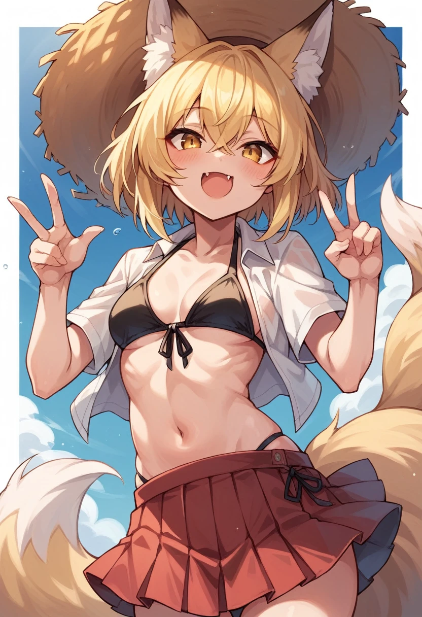 1girl, solo, looking at viewer, blush, smile, short hair, open mouth, bangs, skirt, blonde hair, hat, animal ears, hair between eyes, tail, swimsuit, yellow eyes, bikini, pleated skirt, fang, animal ear fluff, fox ears, fox tail, black bikini, red skirt, fox girl, skin fang, straw hat, ears through headwear, fox shadow puppet